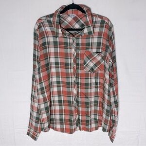 Kismet Coral Green White Plaid Long Sleeve Casual Button Up Shirt XL